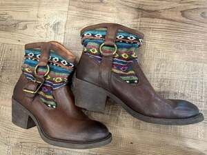 Lucky Brand Brown Leather Southwestern Blanket Aztec Buckle Ankle Boots
